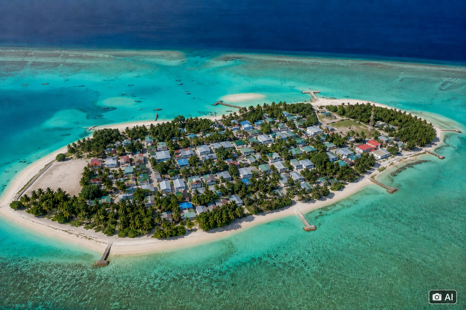 Ilustração fotográfica ultra-realista gerada por IA mostra vista aérea de uma ilha no Atol de Vaavu, nas Maldivas, cercada por águas cristalinas.