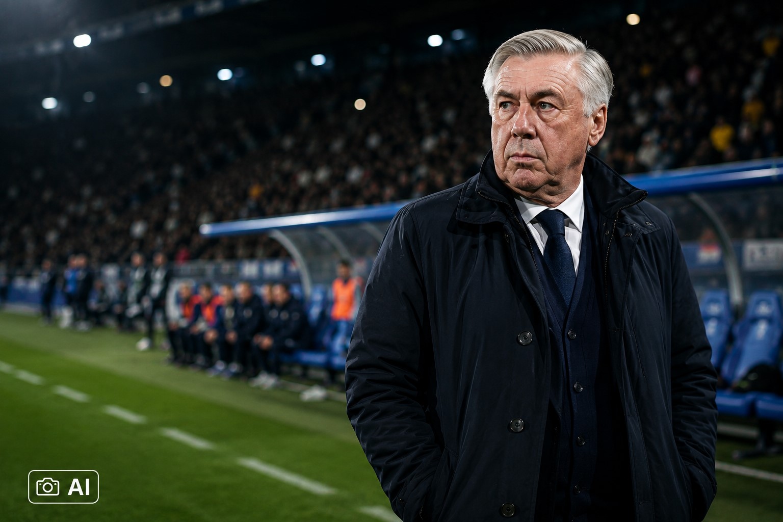 Ilustração fotográfica ultra-realista mostra Carlo Ancelotti à beira do campo em um estádio de futebol durante partida noturna.