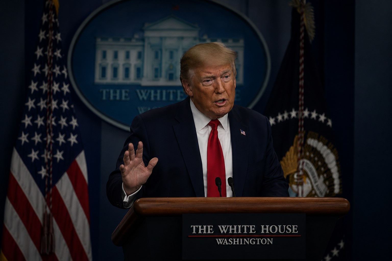 Ilustração fotográfica ultra-realista gerada por IA mostra Donald Trump durante discurso em púlpito da Casa Branca.