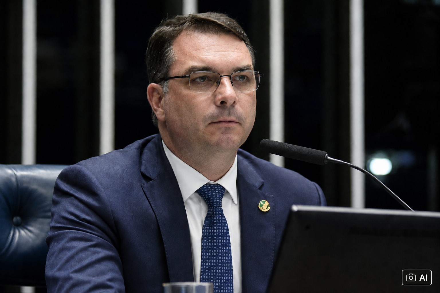 Ilustração fotográfica ultrarrealista gerada por IA representa o senador Flávio Bolsonaro em ambiente do Senado Federal.