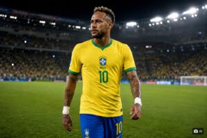 Ilustração fotográfica ultra-realista gerada por IA que representa Neymar em estádio de futebol.
