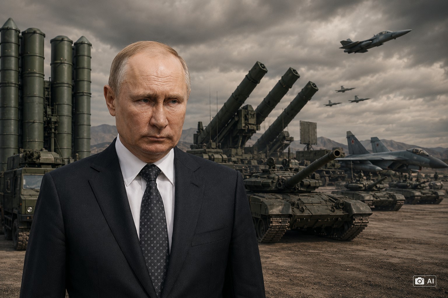 Ilustração editorial gerada por IA mostra líder político em primeiro plano diante de composição simbólica com equipamentos militares, mísseis e aeronaves, em cenário de tensão geopolítica.