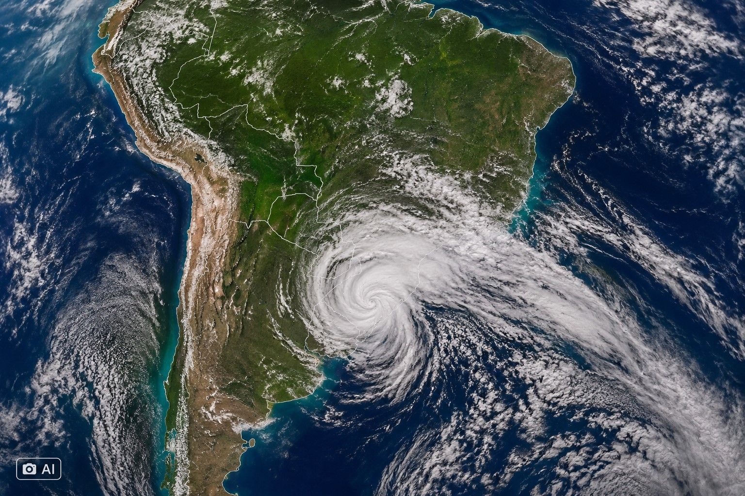 Ilustração fotográfica ultrarrealista gerada por IA mostrando imagem de satélite com formação de ciclone na região Centro-Sul do Brasil.