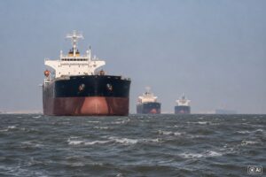 Ilustração fotográfica gerada por IA mostra navios cargueiros no Golfo Pérsico, em mar levemente agitado, para contextualização jornalística.
