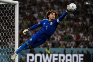 Ilustração fotográfica ultra-realista gerada por IA mostra Guillermo Ochoa realizando uma defesa aérea pelo México diante do gol.