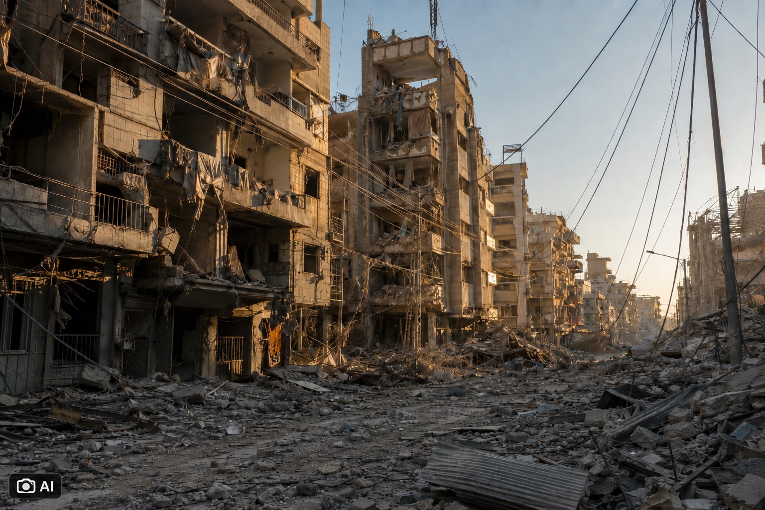 Ilustração fotográfica gerada por IA mostra rua com prédios destruídos e escombros em área urbana do Líbano.