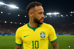 Ilustração fotográfica ultra-realista gerada por IA mostra jogador da Seleção Brasileira em estádio noturno, com expressão de incerteza.