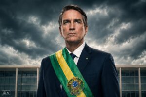 Imagem do banner do filme Dark Horse, com Jim Caviezel caracterizado como Jair Bolsonaro, reenquadrada e otimizada por IA para uso jornalístico.