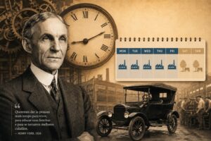 Montagem ilustrativa editorial sobre Henry Ford e a criação da escala 5x2 nos Estados Unido.