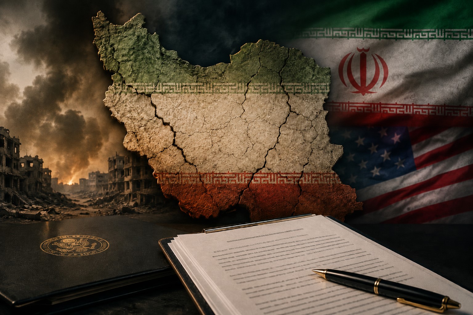 Montagem ilustrativa editorial mostra mapa do Irã com rachaduras, bandeiras ao fundo e documento diplomático em primeiro plano.
