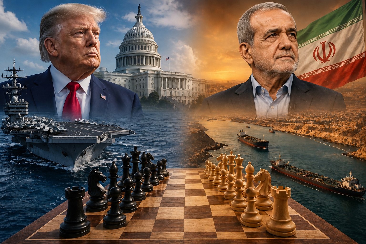 Montagem fotográfica editorial gerada por IA representa escalada geopolítica naval entre Estados Unidos e Irã no Oriente Médio.