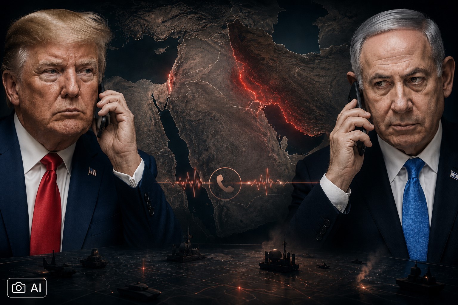 Montagem editorial gerada por IA mostra Donald Trump e Benjamin Netanyahu em alusão a uma ligação sobre a guerra com o Irã.