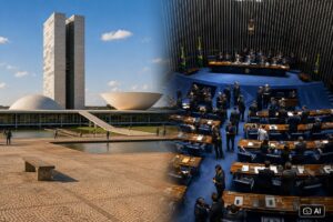 Montagem fotográfica editorial gerada por IA mostra a Praça dos Três Poderes à esquerda e o interior do Senado Federal à direita.