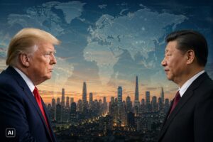 Montagem editorial mostra Donald Trump e Xi Jinping frente a frente com mapa-múndi e skyline ao fundo.