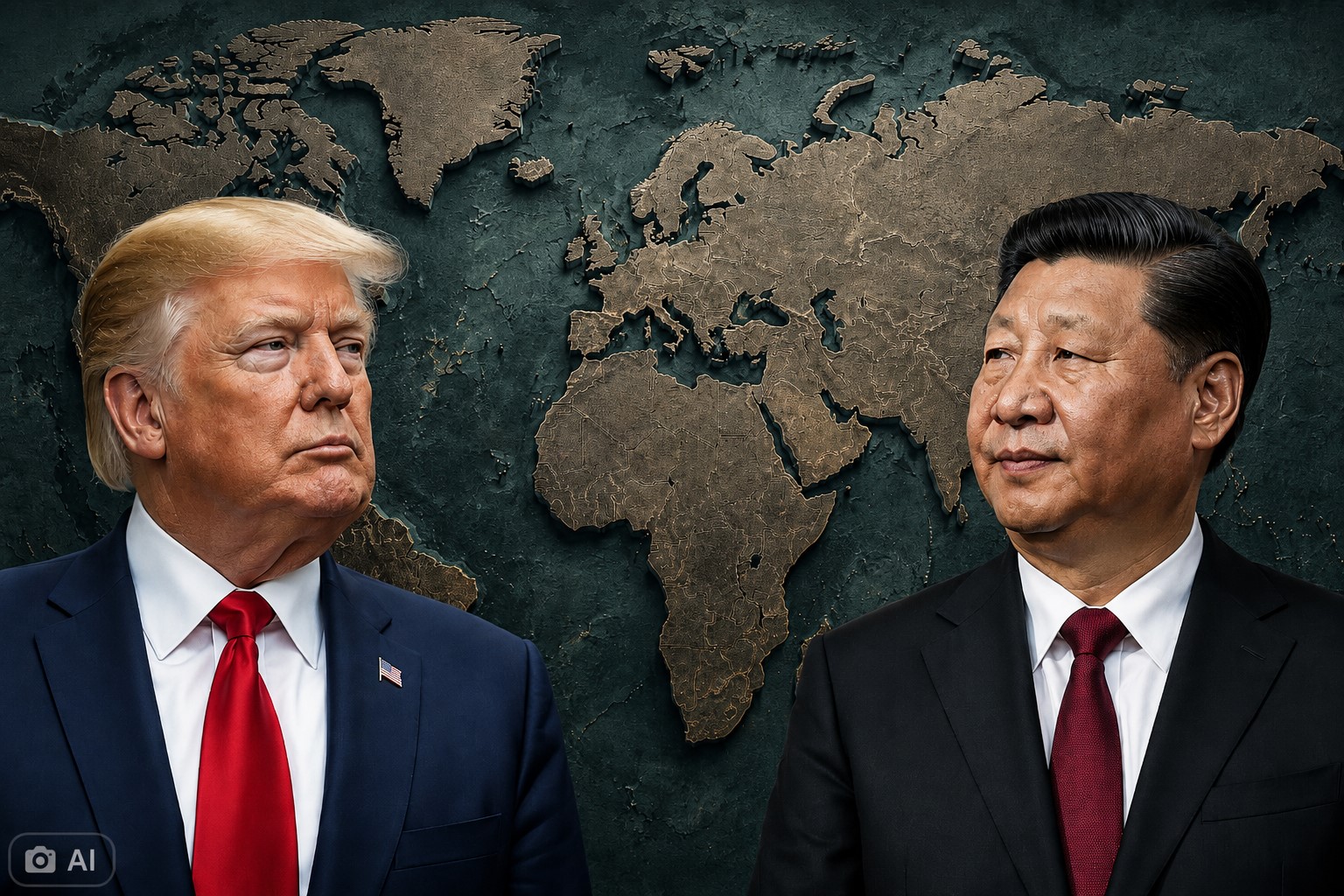 Montagem editorial gerada por IA mostra Donald Trump e Xi Jinping diante de um mapa-múndi, em contexto de visita de Trump à China, em Pequim.