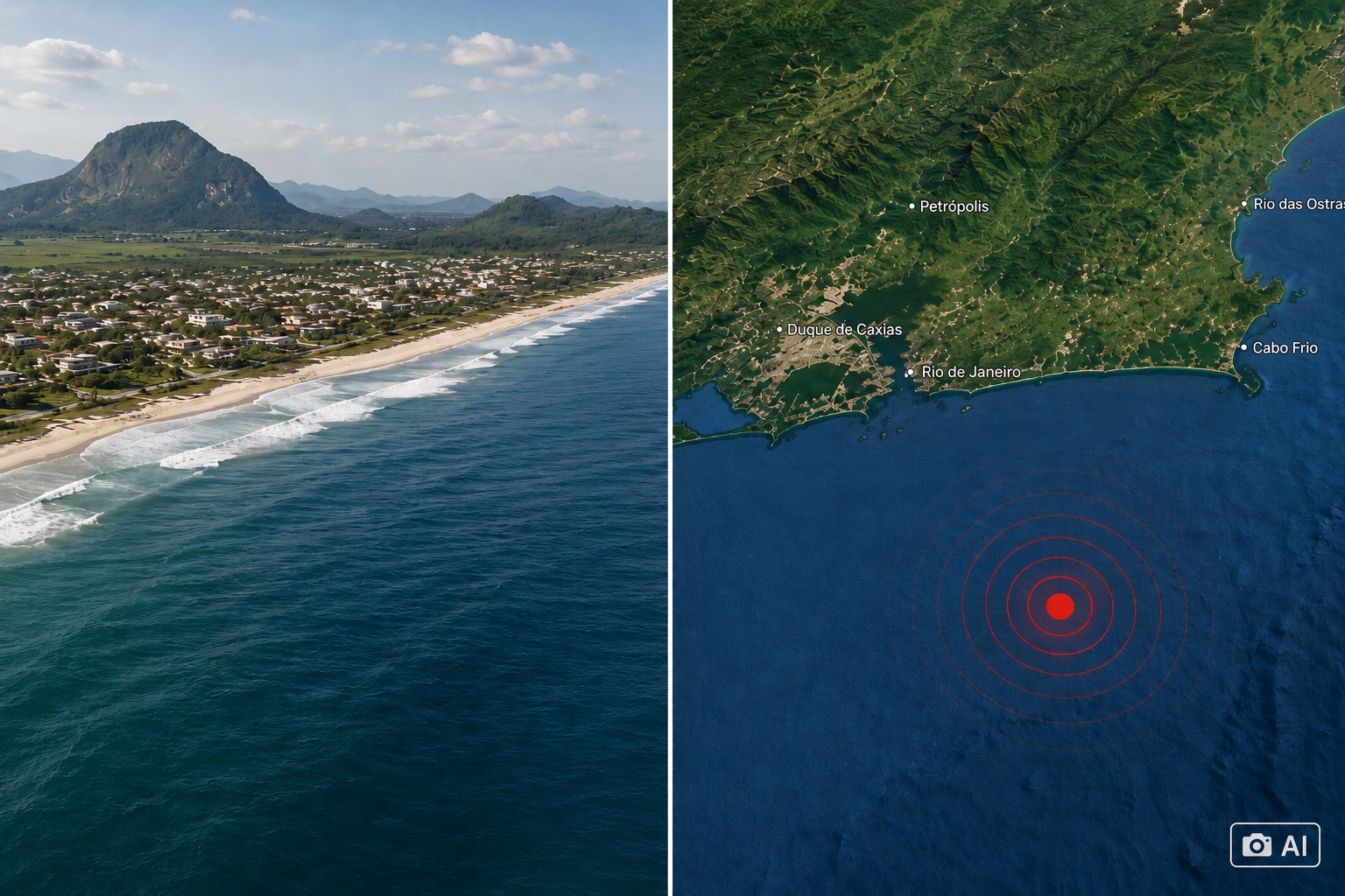 Montagem gerada por IA mostra a costa de Maricá e mapa do local do tremor no litoral do Rio de Janeiro.