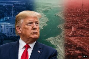Montagem fotográfica editorial gerada por IA mostrando Donald Trump em primeiro plano, com Casa Branca, Estreito de Ormuz e Teerã ao fundo.