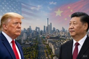 Montagem fotográfica editorial gerada por IA mostra Donald Trump e Xi Jinping sobrepostos a uma vista de Pequim, com referências visuais às bandeiras dos Estados Unidos e da China ao fundo.