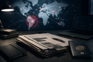 Ilustração fotográfica gerada por IA mostra mesa de investigação com documentos, passaporte genérico e mapa mundial ao fundo, em alusão a busca internacional.