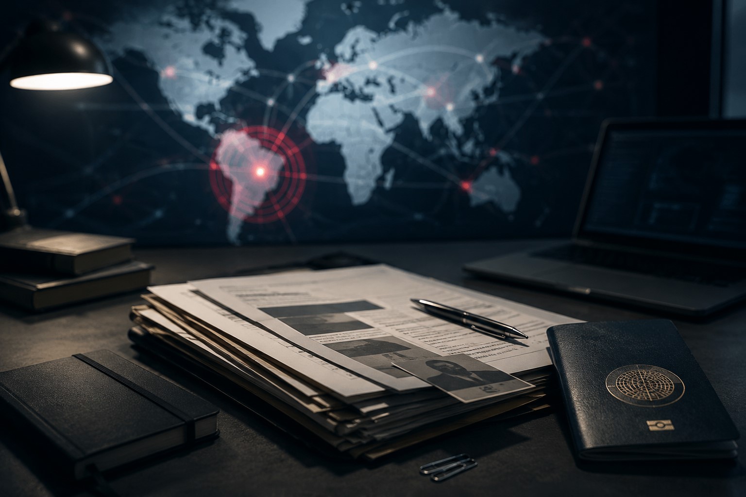 Ilustração fotográfica gerada por IA mostra mesa de investigação com documentos, passaporte genérico e mapa mundial ao fundo, em alusão a busca internacional.