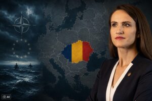 Montagem editorial gerada por IA com Oana Țoiu, mapa da Romênia e símbolos da OTAN e da União Europeia.