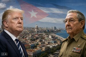 Montagem editorial gerada por IA representa Donald Trump, Raúl Castro, bandeira cubana e vista urbana de Havana em contexto geopolítico.