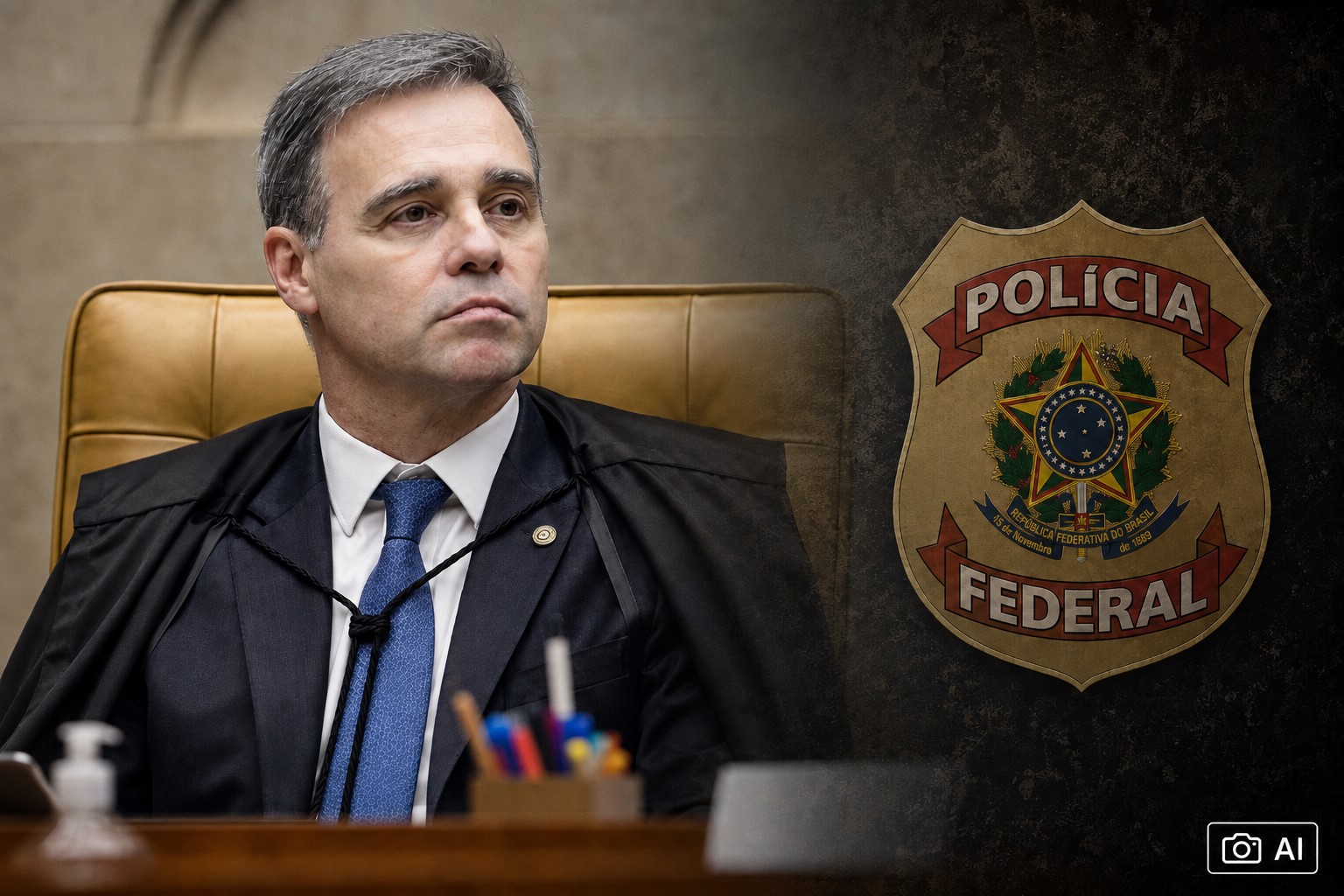 Montagem editorial gerada por IA mostra André Mendonça no STF ao lado de emblema conceitual da Polícia Federal.