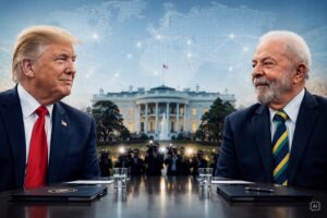 Montagem fotográfica ultrarrealista gerada por IA mostra Donald Trump e Lula em contexto diplomático com a Casa Branca ao fundo.