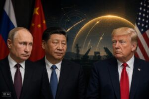 Montagem fotográfica editorial realista mostra Vladimir Putin, Xi Jinping e Donald Trump em composição sobre defesa antimísseis.