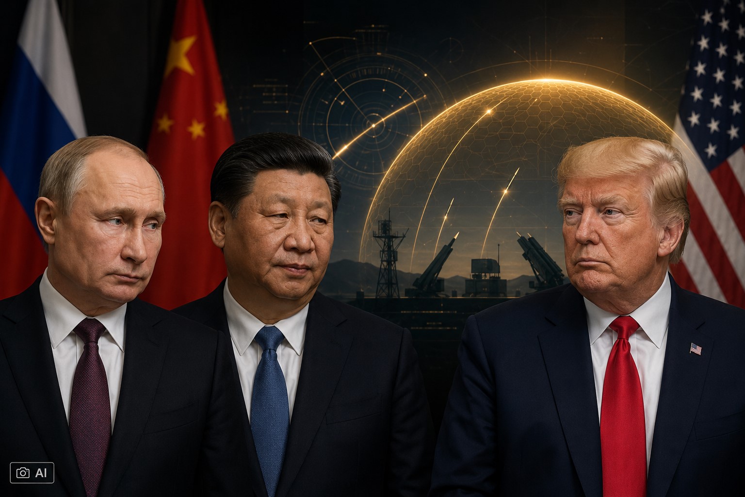 Montagem fotográfica editorial realista mostra Vladimir Putin, Xi Jinping e Donald Trump em composição sobre defesa antimísseis.