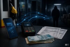 Ilustração fotográfica editorial gerada por IA mostra dispositivos de pagamento, dinheiro em espécie e elementos visuais que remetem a transações financeiras e investigação criminal.