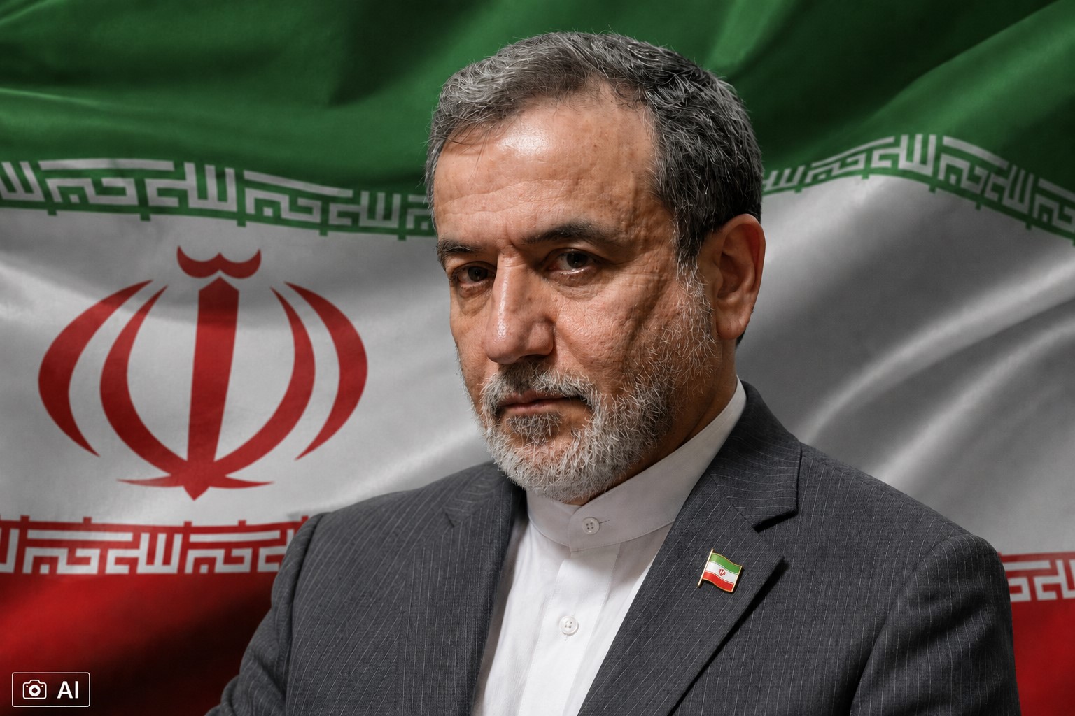 Chanceler iraniano Abbas Araqchi em ilustração gerada por IA, com a bandeira do Irã ao fundo.