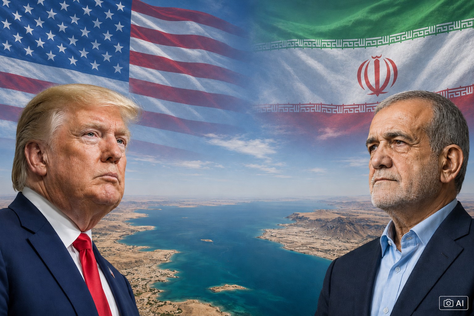 Montagem editorial gerada por IA mostra os presidentes dos Estados Unidos e do Irã com o Golfo Pérsico ao fundo.