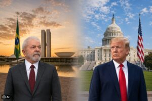 Montagem gerada por IA mostra Lula e Donald Trump com bandeiras e sedes de governo ao fundo.