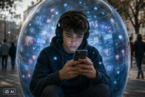Montagem fotográfica realista gerada por IA mostra adolescente usando smartphone dentro de uma bolha digital.
