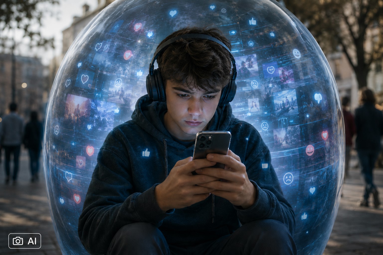 Montagem fotográfica realista gerada por IA mostra adolescente usando smartphone dentro de uma bolha digital.