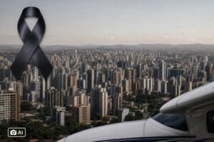 Montagem fotográfica realista gerada por IA com skyline de Belo Horizonte, trecho de avião e lenço de luto.