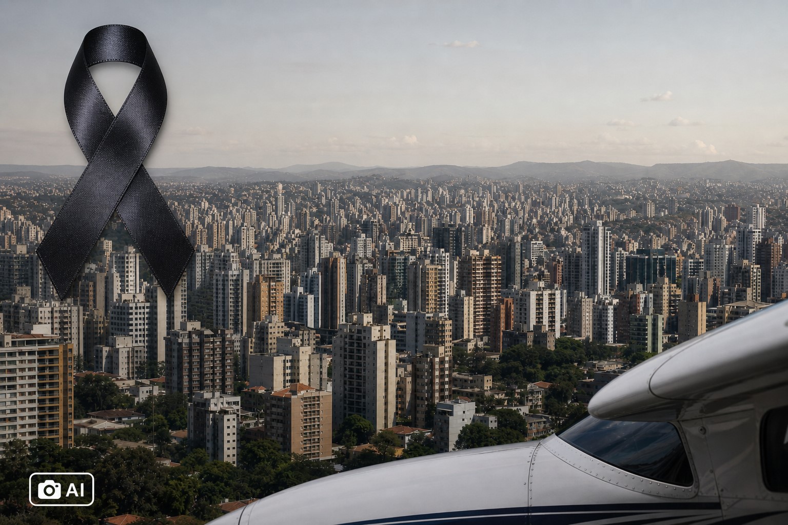 Montagem fotográfica realista gerada por IA com skyline de Belo Horizonte, trecho de avião e lenço de luto.