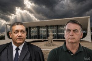 Montagem fotográfica ultrarrealista gerada por IA mostrando vista externa do STF com bustos de Nunes Marques e Jair Bolsonaro sobrepostos.