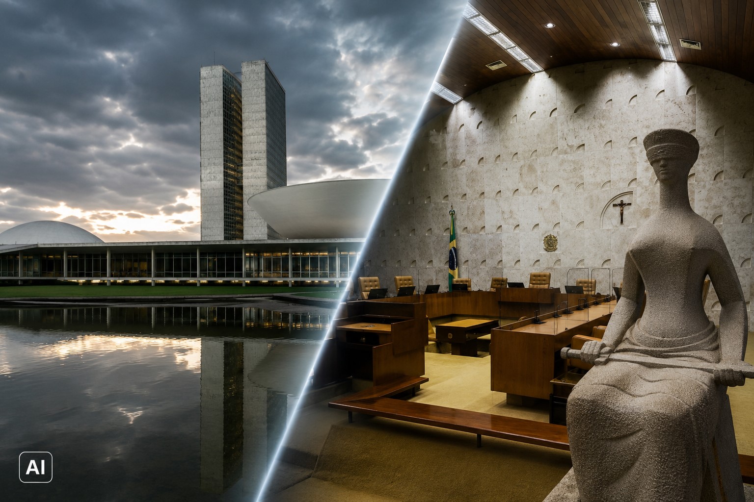Montagem editorial mostra Congresso Nacional e plenário do STF com a estátua da Justiça em destaque.