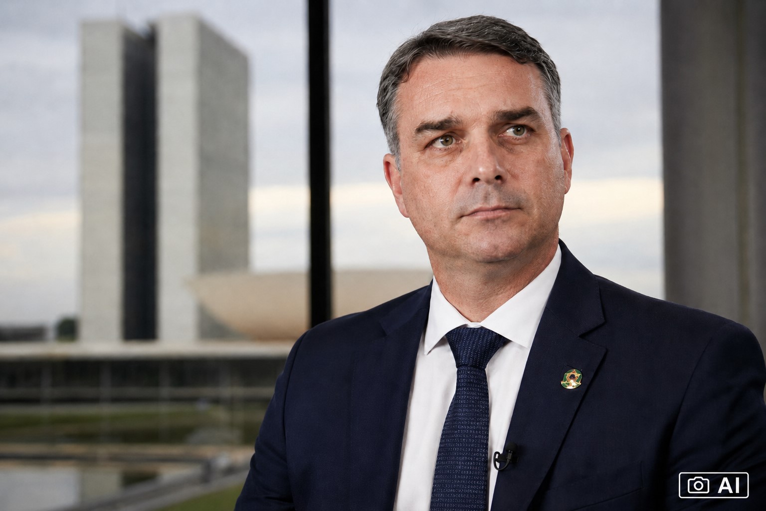 Montagem fotográfica editorial gerada por IA mostra Flávio Bolsonaro com a Praça dos Três Poderes ao fundo.