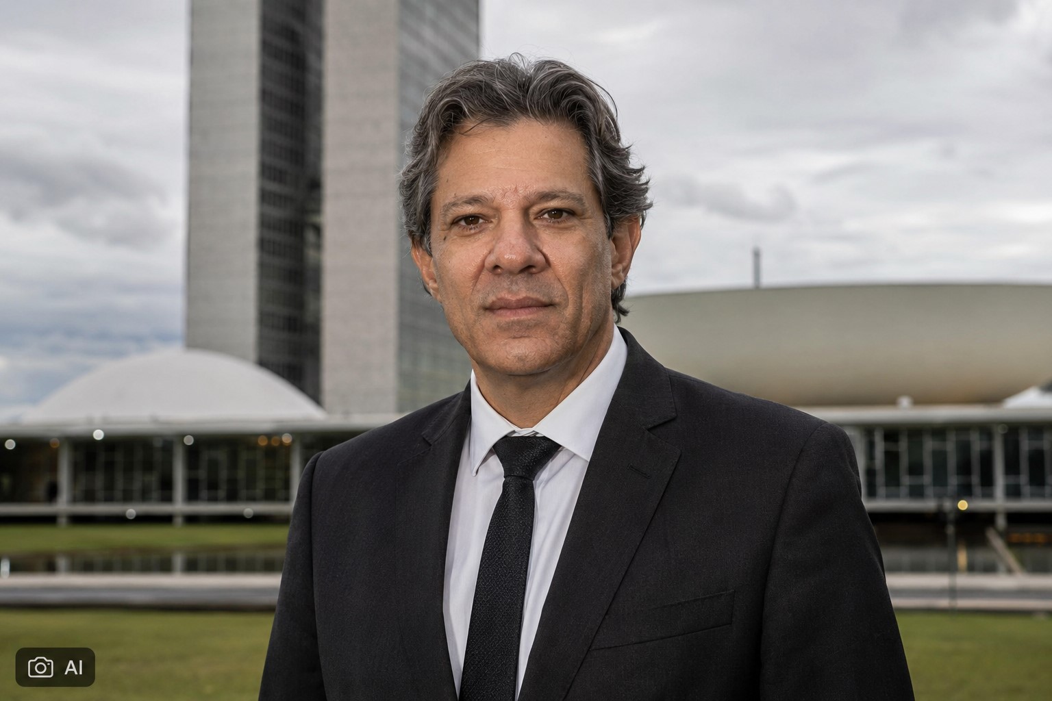 Montagem fotográfica ultra-realista gerada por IA mostra Fernando Haddad em cenário alusivo a Brasília.
