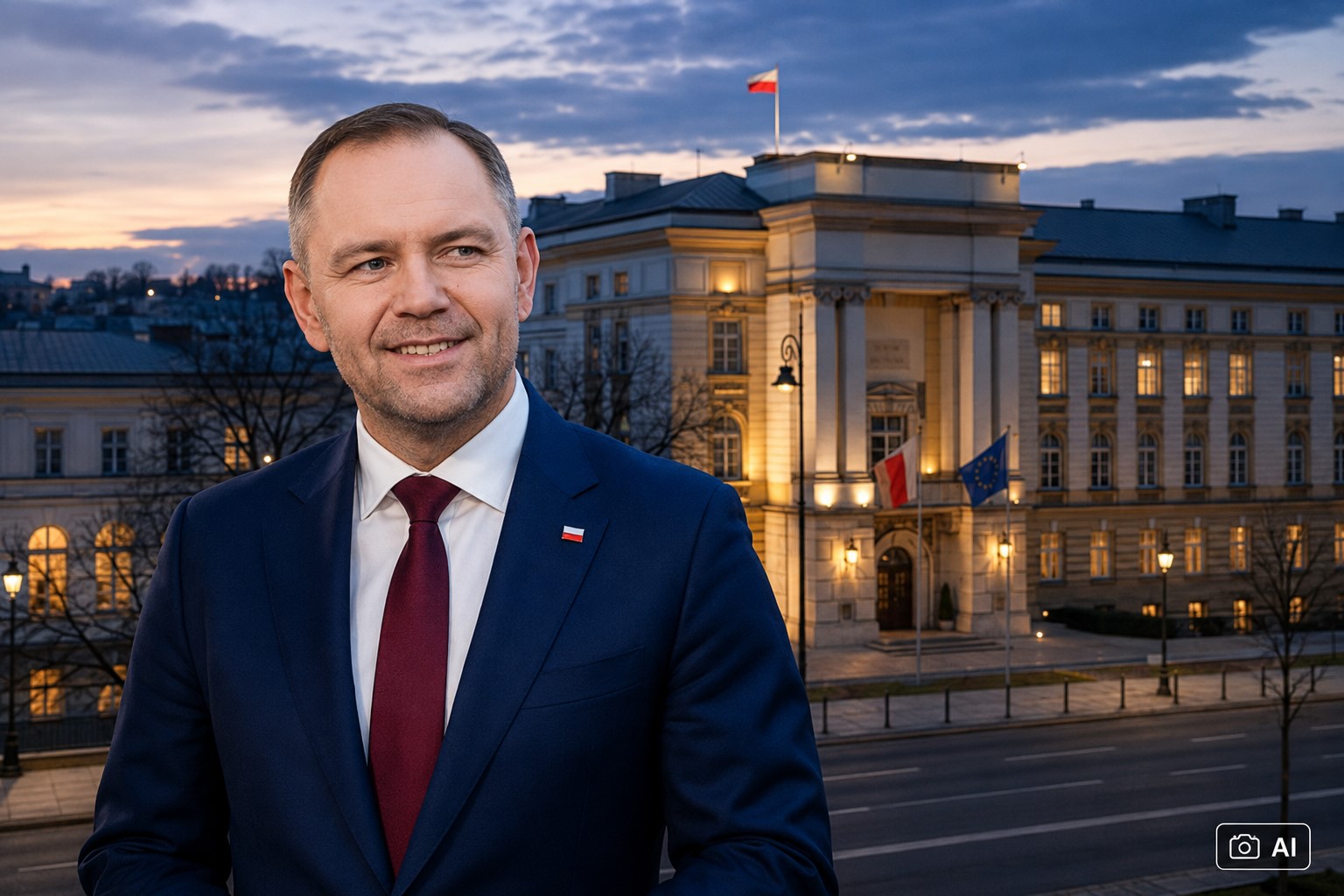 Montagem gerada por IA representa Karol Nawrocki diante da chancelaria do primeiro-ministro em Varsóvia.