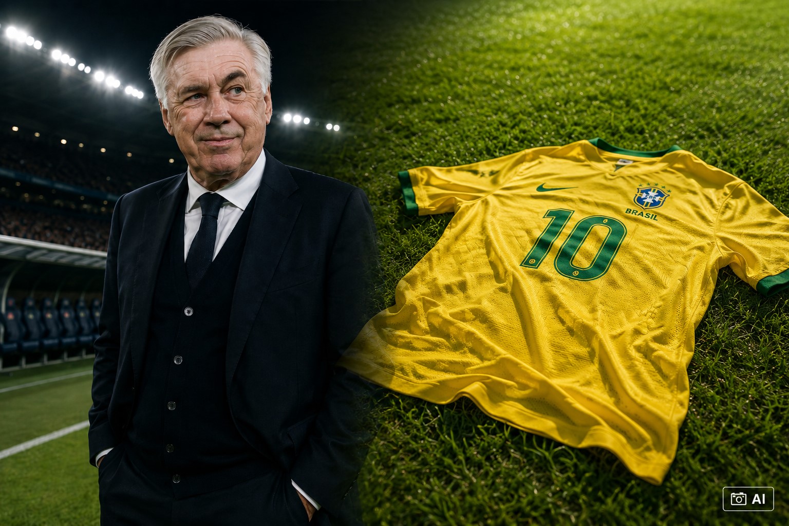 Montagem fotográfica editorial gerada por IA mostra Carlo Ancelotti à esquerda e uma camisa da Seleção Brasileira no gramado à direita.