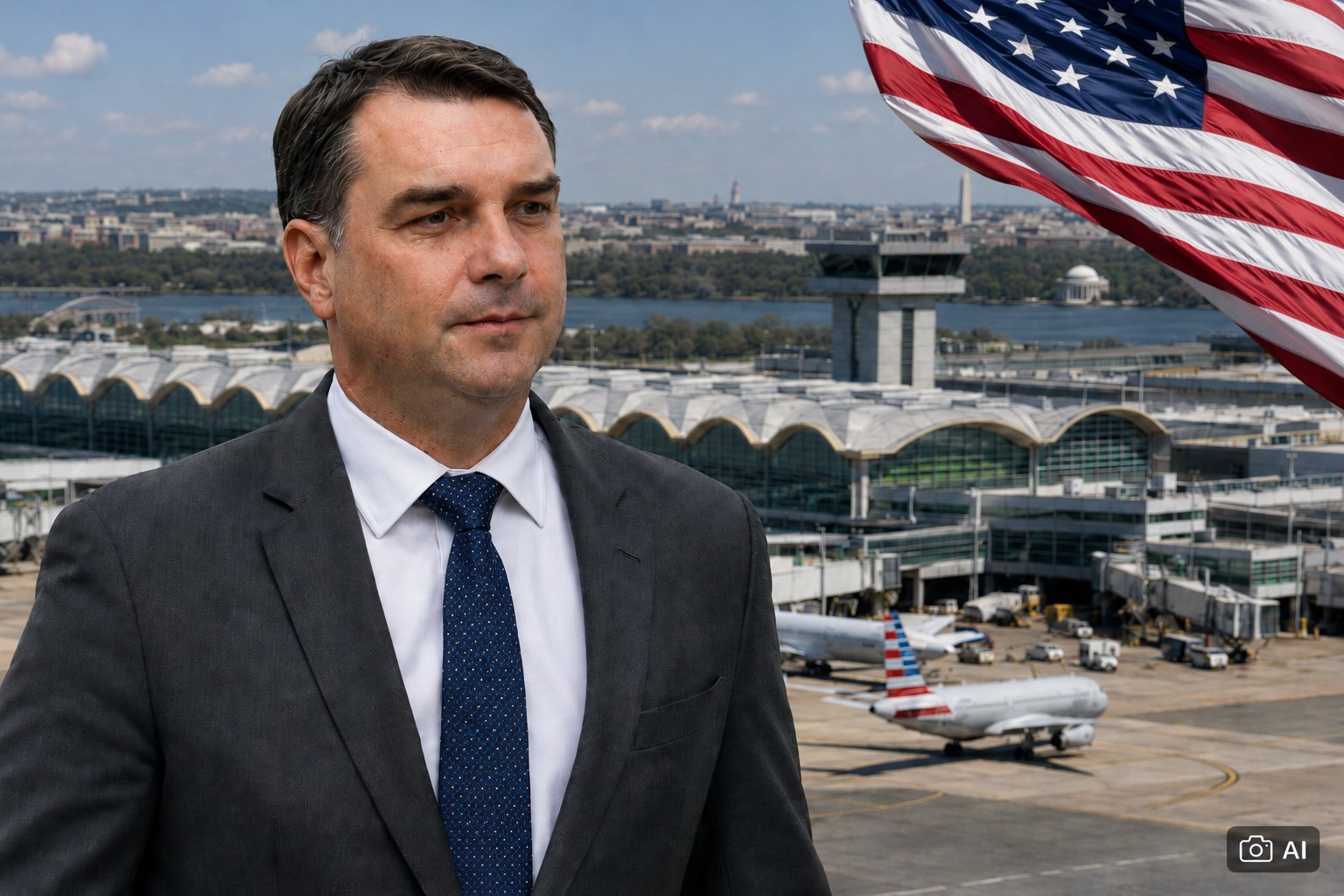 Montagem fotográfica editorial gerada por IA representa o senador e pré-candidato à Presidência Flávio Bolsonaro diante de aeroporto em Washington, com bandeira dos Estados Unidos.
