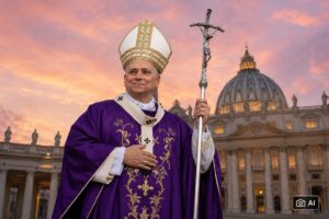 Papa Leão XIV em montagem fotográfica ultrarrealista gerada por IA com região do Vaticano ao fundo.