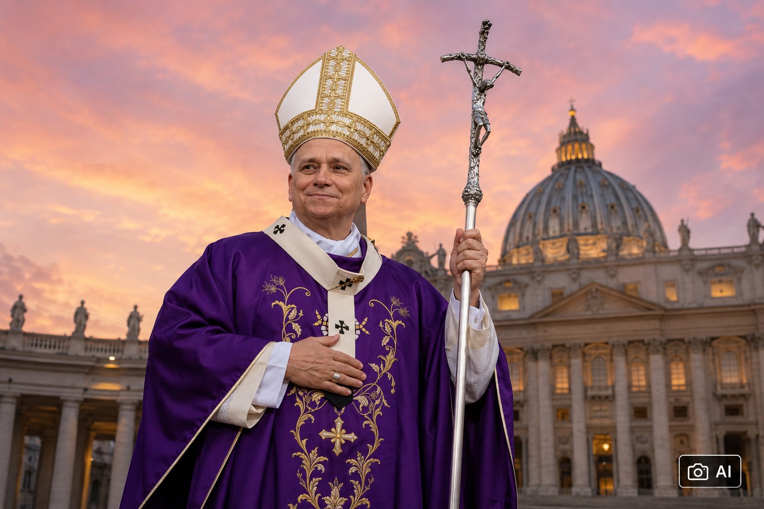 Papa Leão XIV em montagem fotográfica ultrarrealista gerada por IA com região do Vaticano ao fundo.