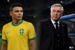 Montagem fotográfica editorial gerada por IA mostra Thiago Silva com camisa da Seleção Brasileira e Carlo Ancelotti em ambiente de estádio.