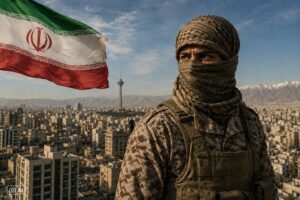 Montagem ultrarrealista gerada por IA mostra integrante da Guarda Revolucionária Iraniana diante de Teerã e da bandeira do Irã.