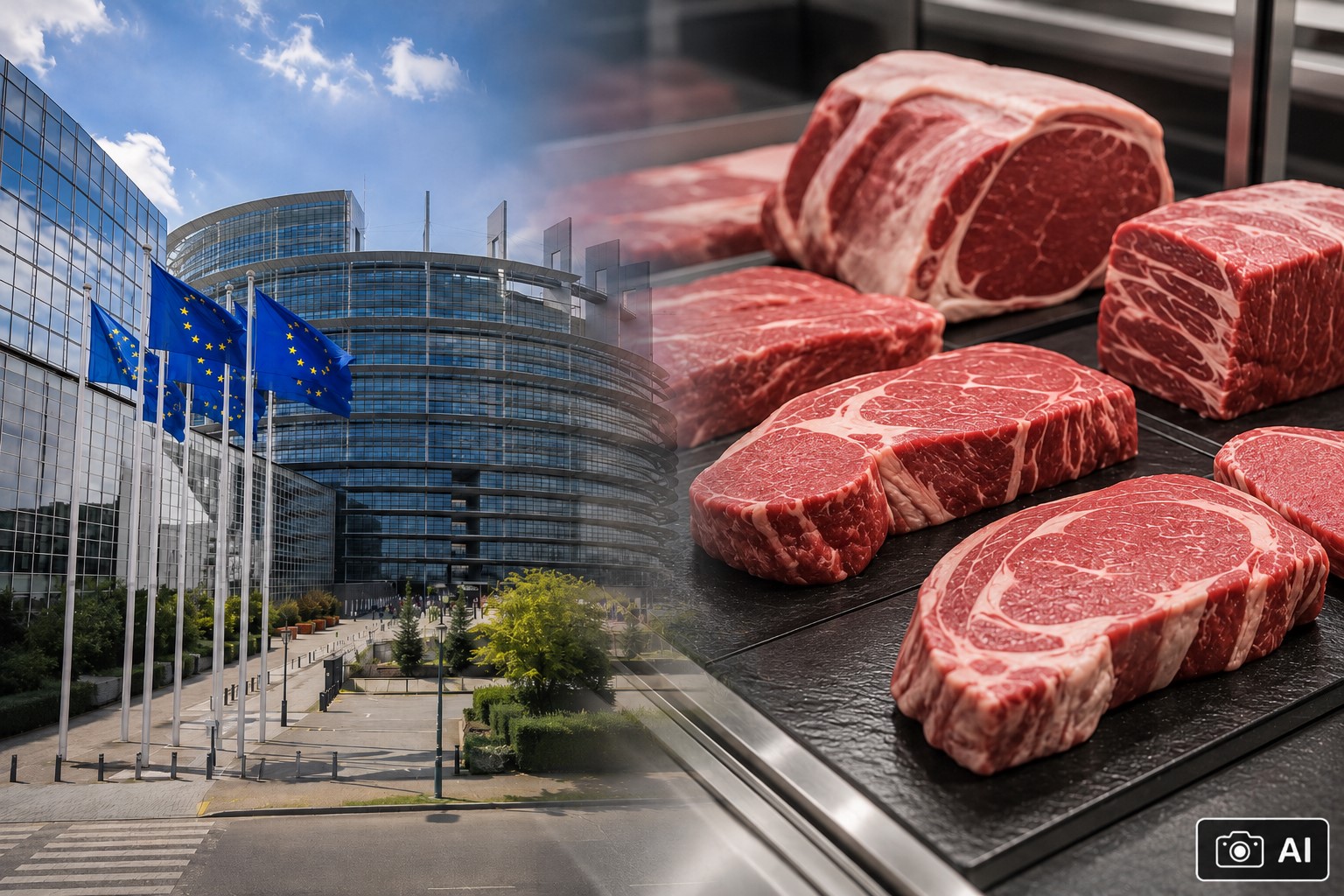 Montagem fotográfica editorial gerada por IA mostra, à esquerda, a sede da União Europeia em Bruxelas e, à direita, postas de carne em composição simbólica sobre exportação.